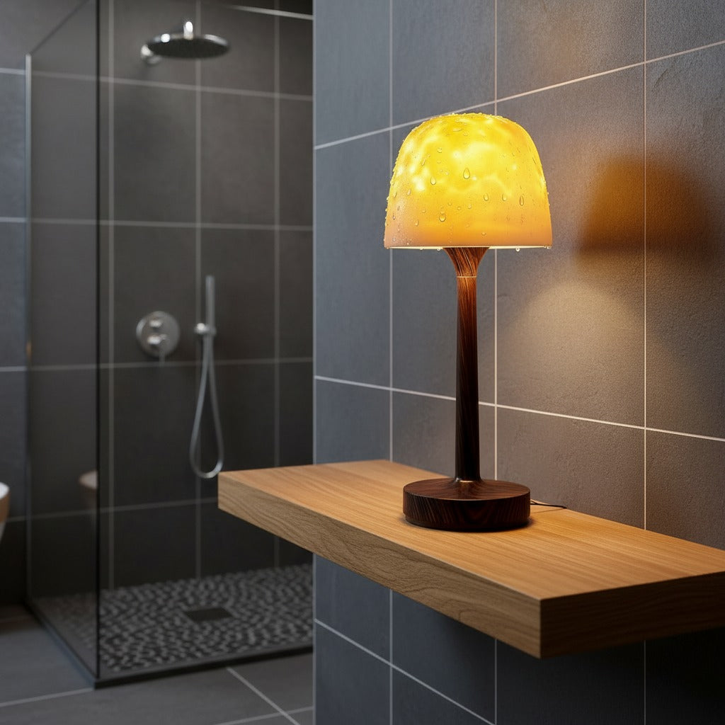 Modern shower lamp with warm light on wooden shelf in a tiled bathroom