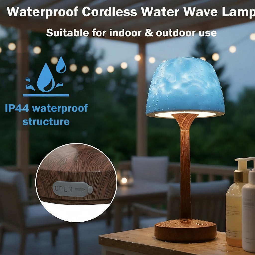 Waterproof shower lamp with blue shade and wood base, suitable for indoor or outdoor use