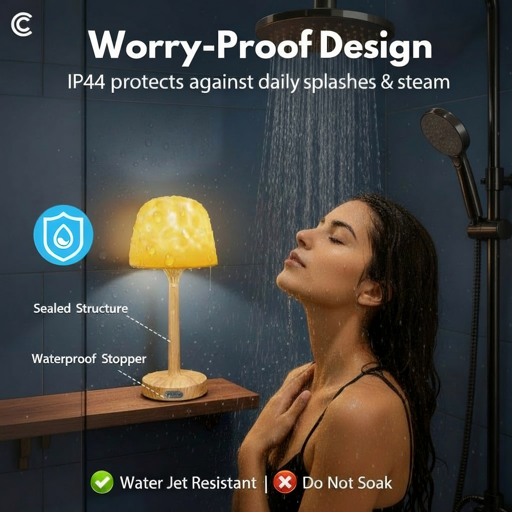 Waterproof shower lamp with sealed structure on shelf in modern bathroom setting.