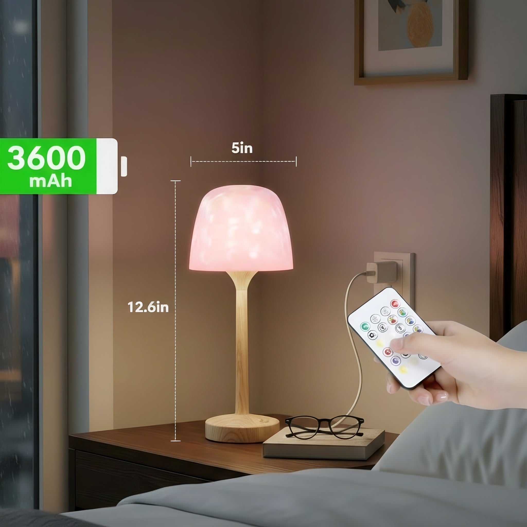 Wireless shower lamp on bedside table with remote control and 3600mAh battery indicator