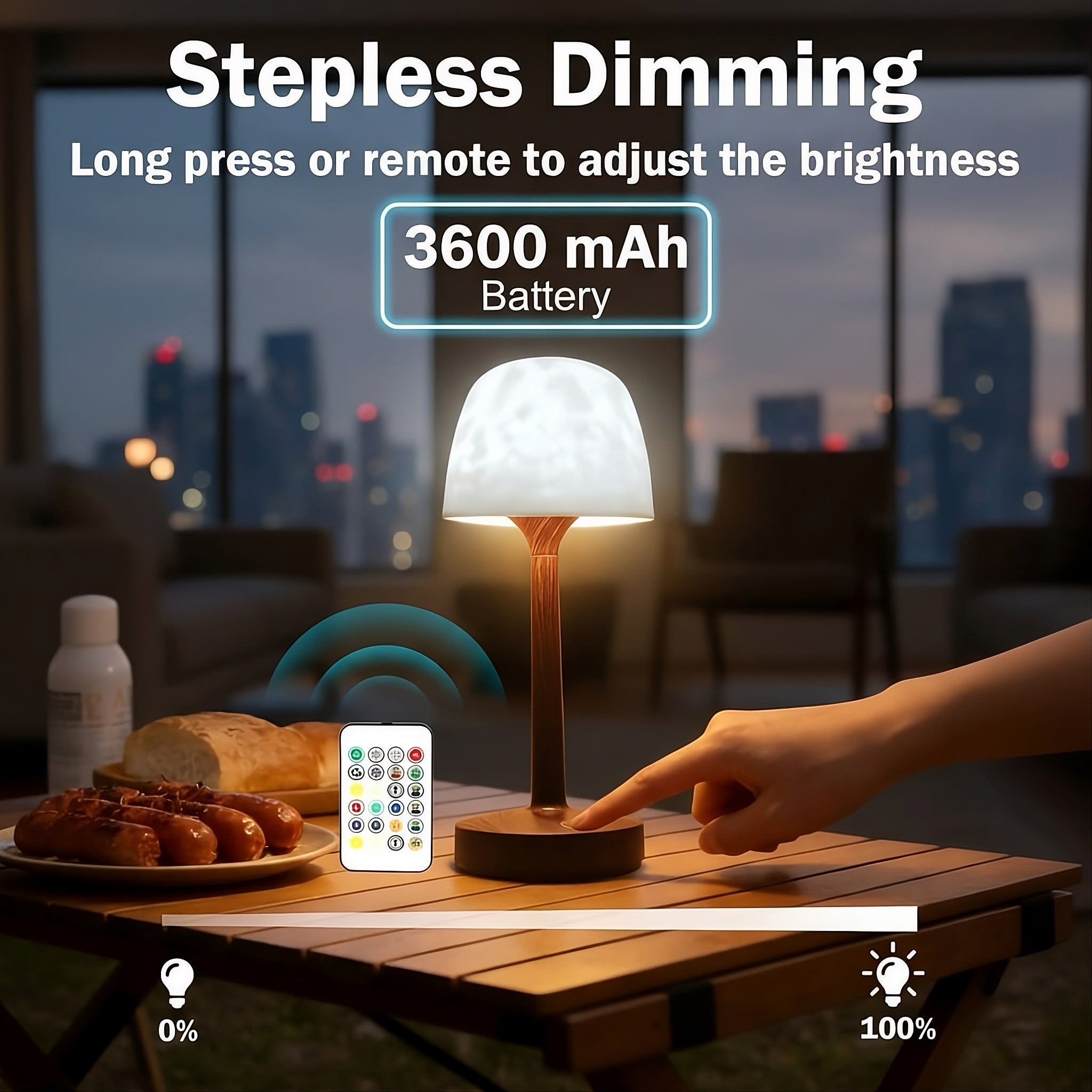 Touch and remote-controlled shower lamp with stepless dimming and 3600mAh battery on a table.