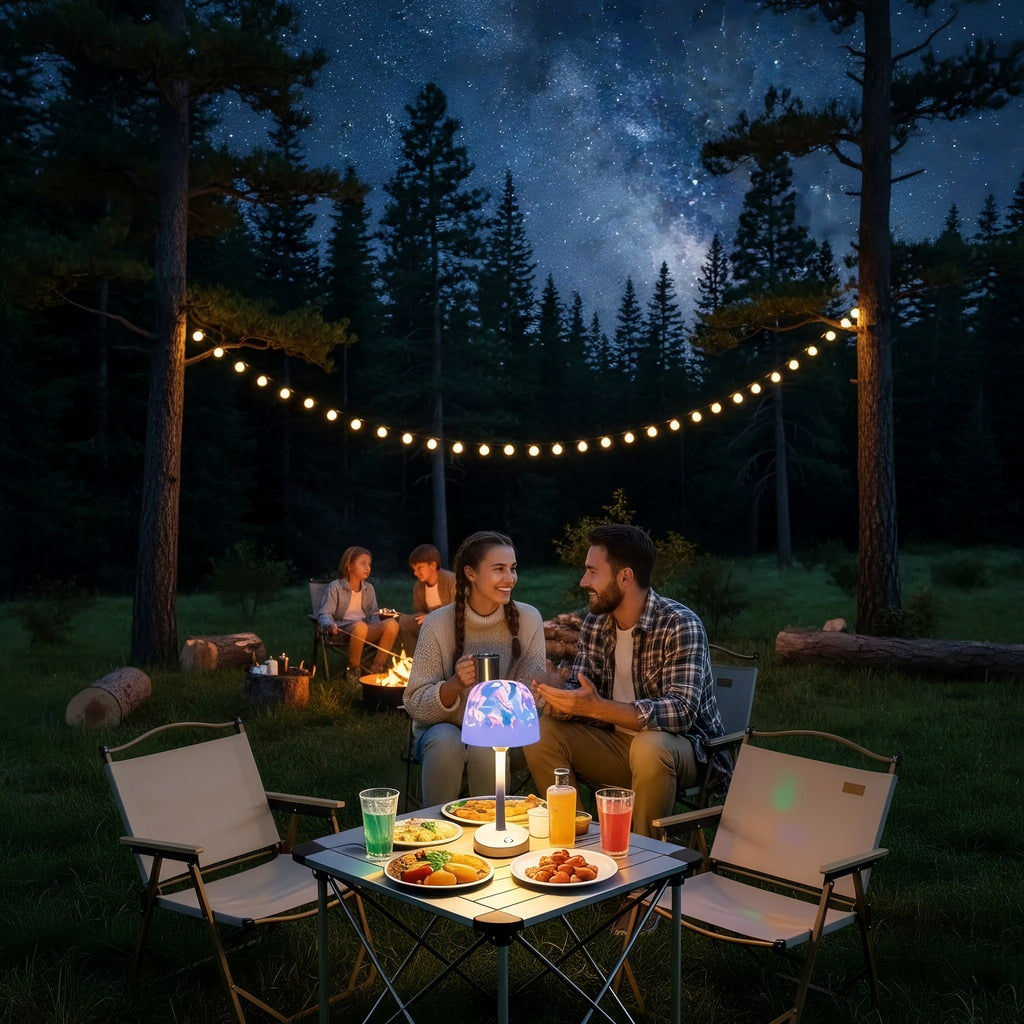 Outdoor night picnic with friends, illuminated by a colorful shower lamp on the table