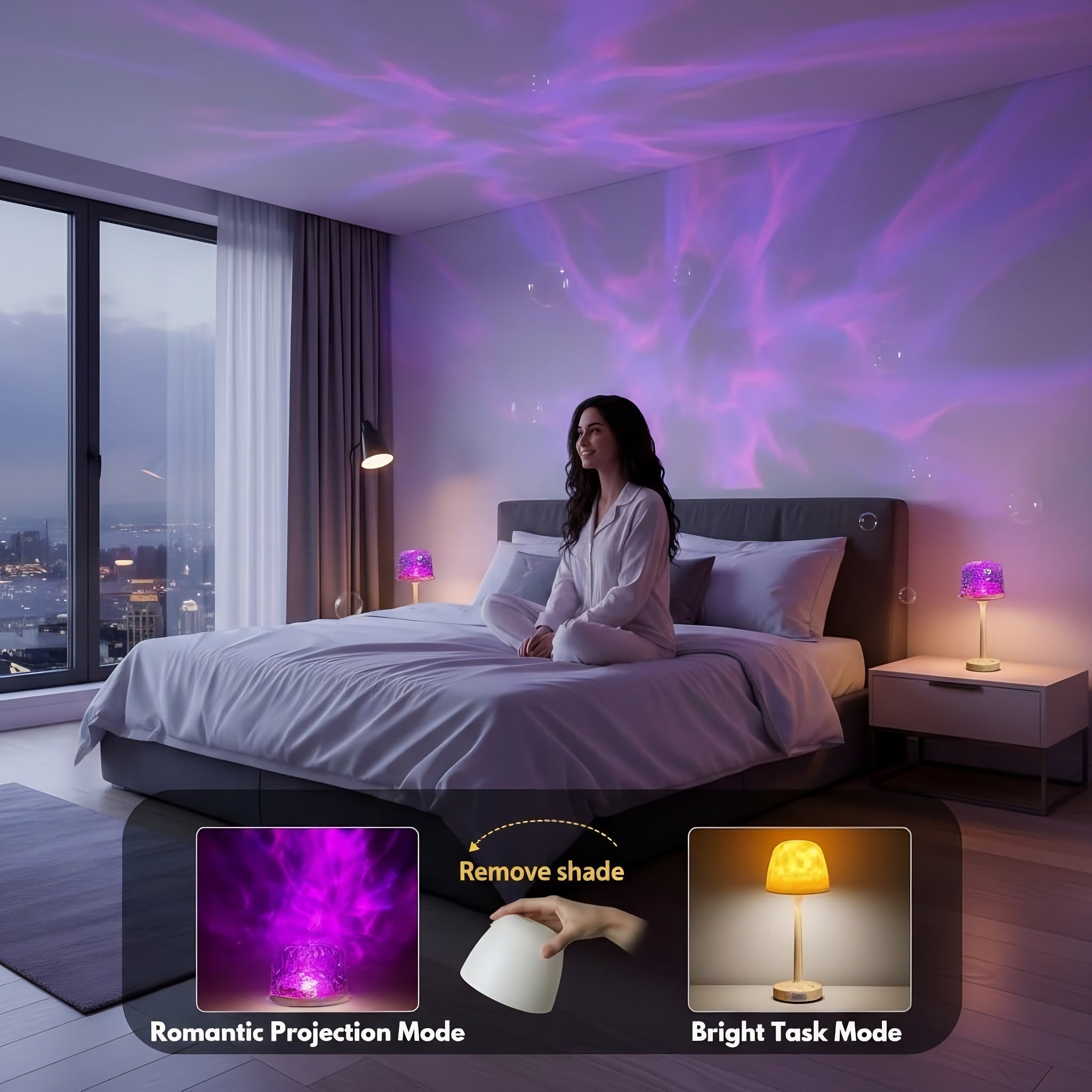 Woman in bedroom with purple shower lamp projecting romantic light effects, mode switch shown.