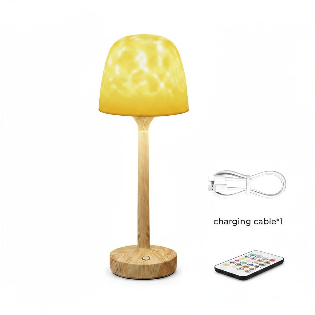 Shower lamp with wooden base, yellow shade, remote control, and USB charging cable.