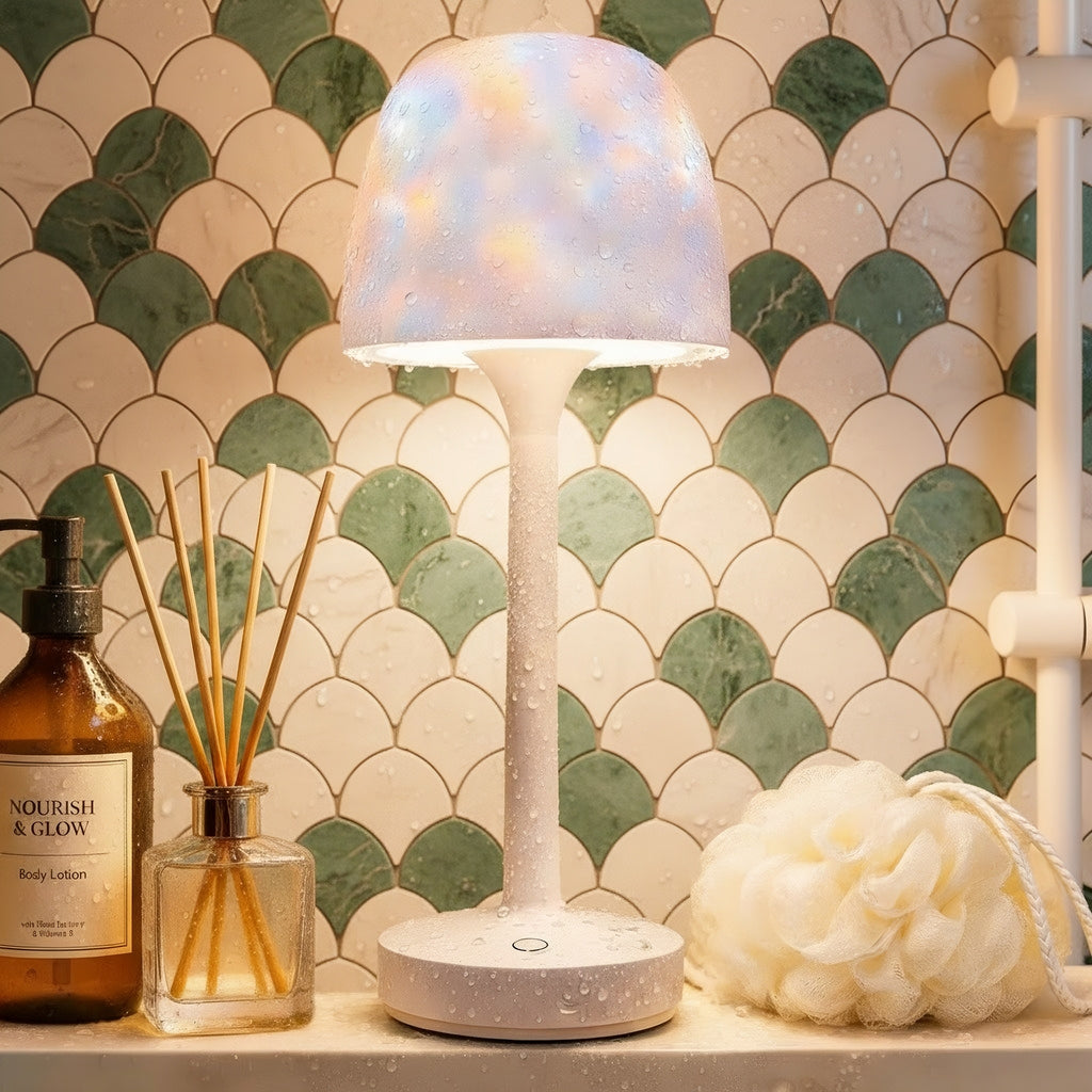 White shower lamp with water droplets on it, placed in a bathroom setting with toiletries.