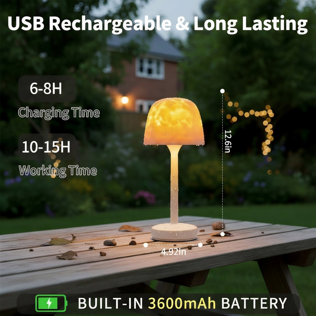 White shower lamp with dome-shaped shade on outdoor table, USB rechargeable, 3600mAh battery