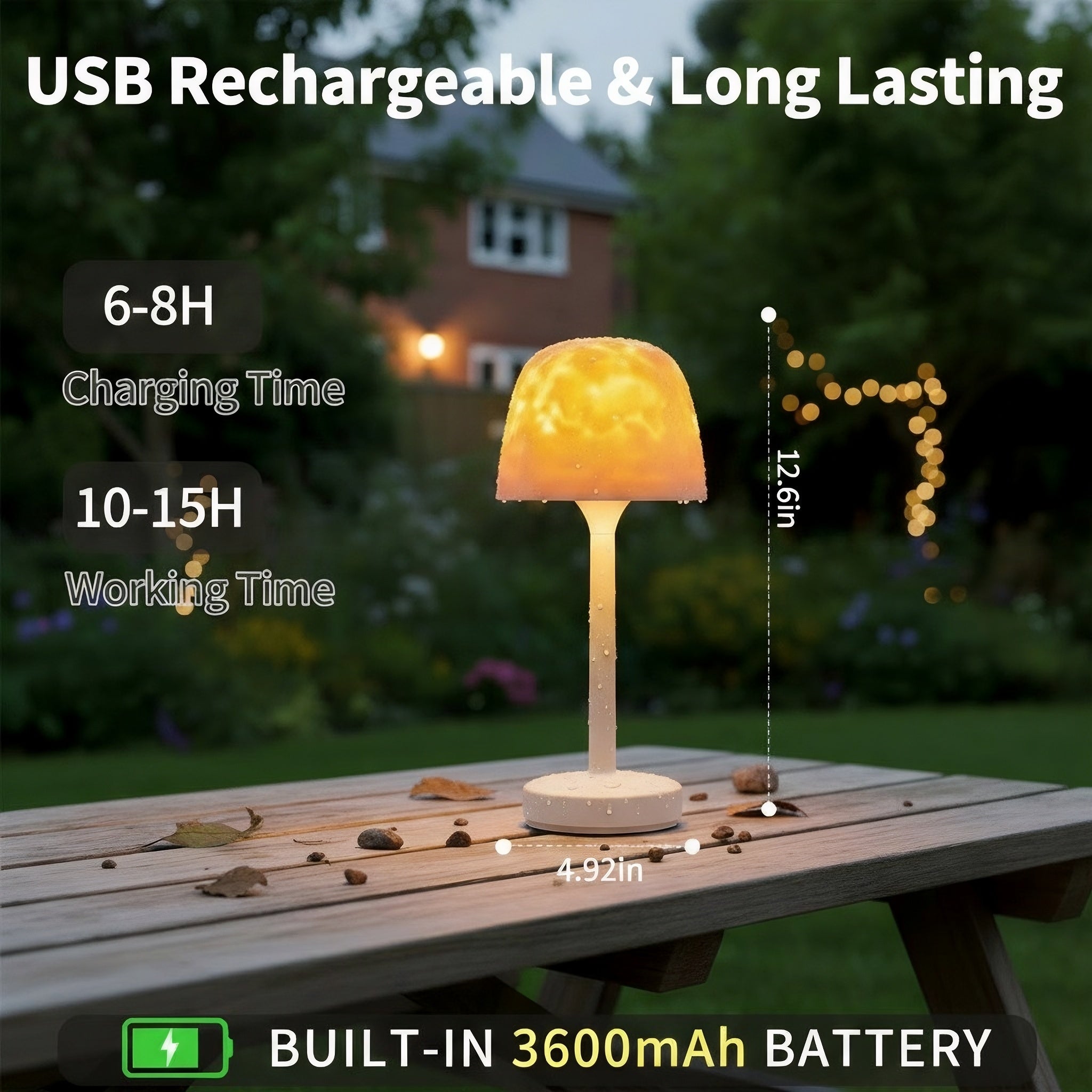White shower lamp with dome-shaped shade on outdoor table, USB rechargeable, 3600mAh battery