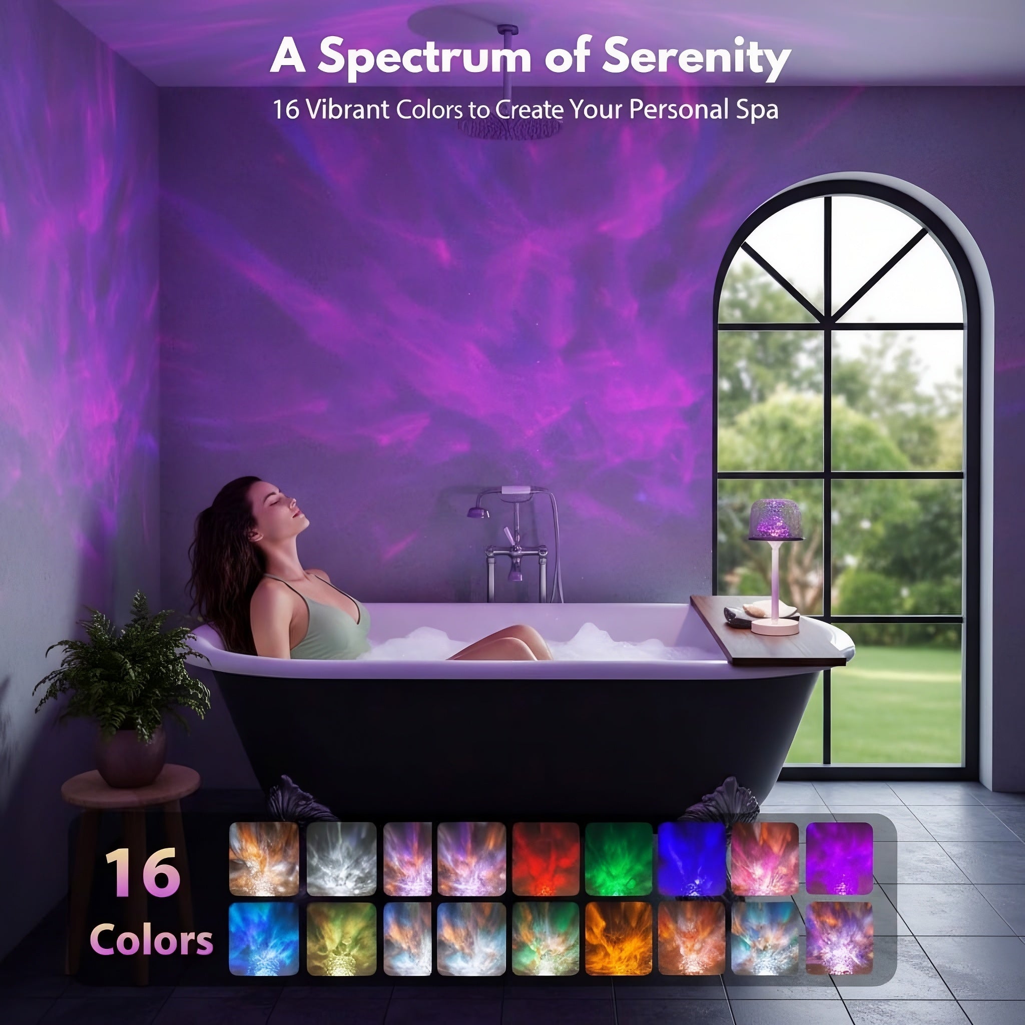 Modern shower lamp casting colorful light effects in a relaxing bathroom setting