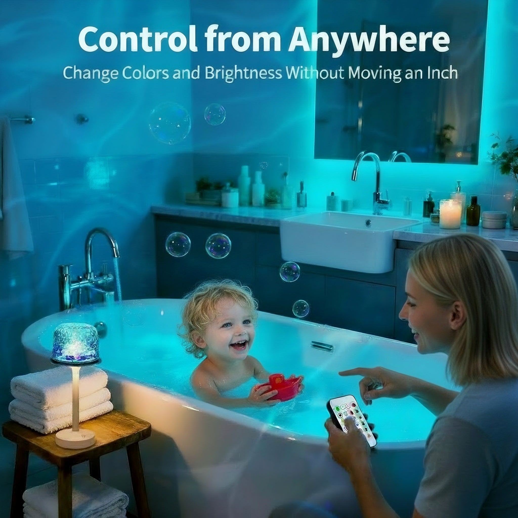 Modern shower lamp in bathroom, glowing beside bathtub with child and parent, ambient lighting